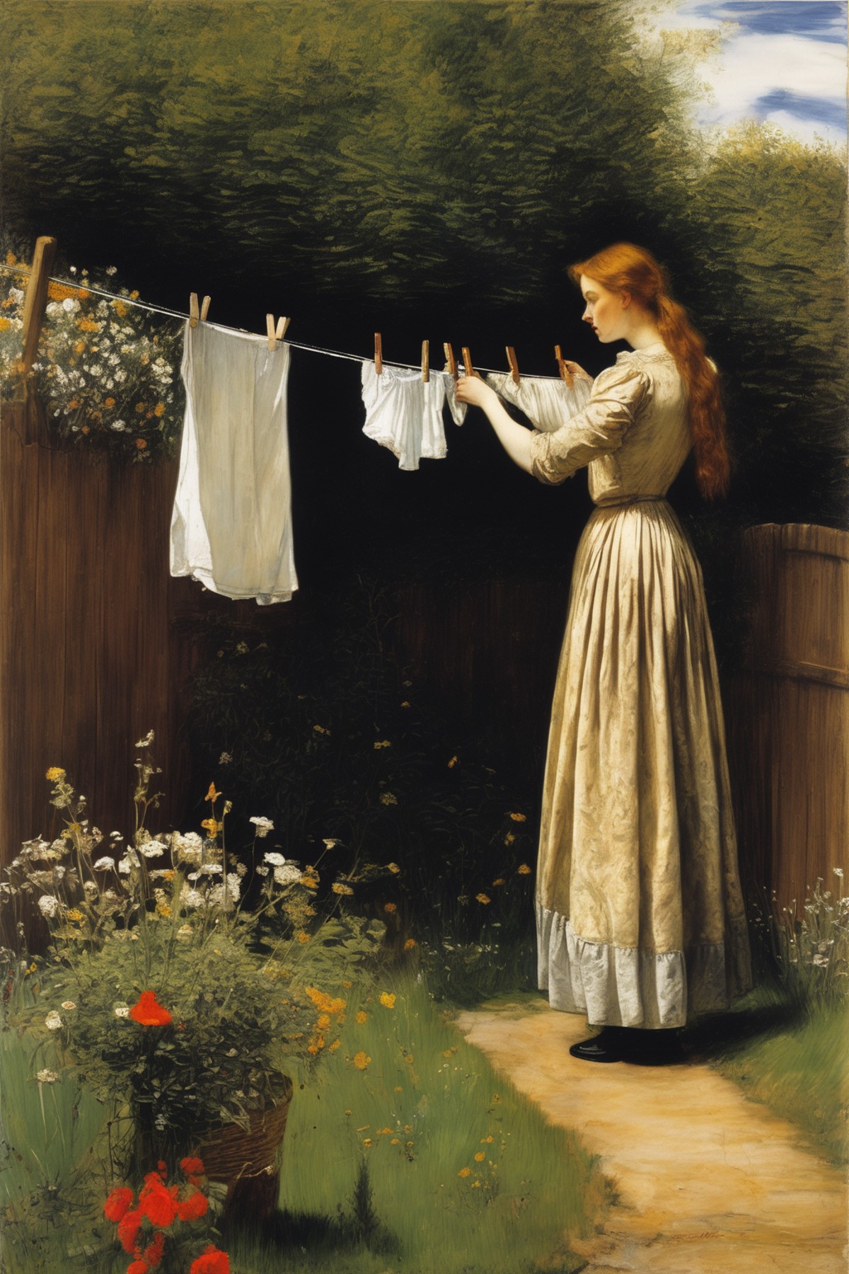 John Everett Millais Style - woman in a flowing velvet dress hanging laundry outside to dry on a clothesline, child pickin...